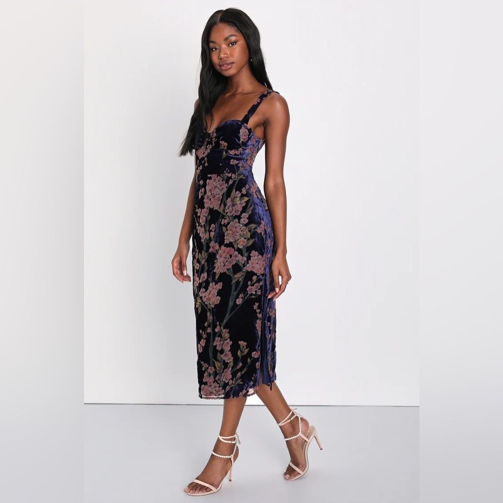 Lulus Romantic Stunner Navy Blue Floral Burnout Velvet Lace-Up Dress